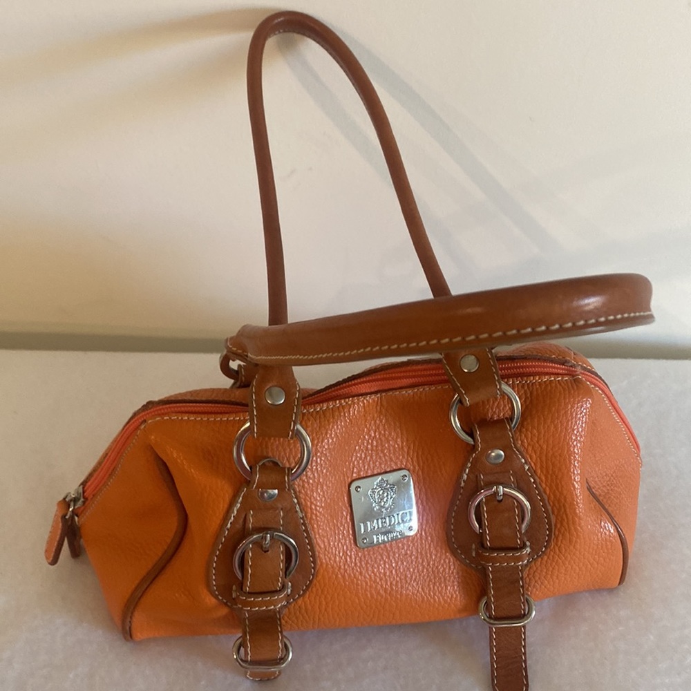 Orange Mini Leather Satchel Bag with Brown Trim - Picture 2 of 9